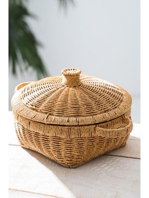 Asitan Rattan Hasır Kapaklı Çok Amaçlı Depolama Mutfak Banyo Sepeti 28.5 cm - Kahverengi