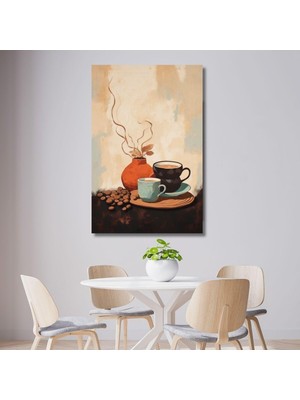 Asitan Dikey Kanvas Mutfak Tablosu Kahve Köşesi Çizgisel Fincan 60 x 90