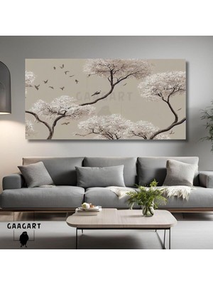 Asitan Panoramik Kanvas Duvar Tablosu Kuşlar ve Çizgisel Ağaçlar, 100 x 50