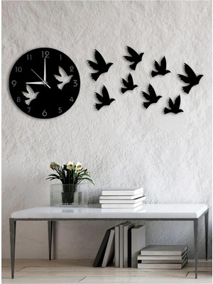 Asitan Kuş Tasarımlı ve Dekoratif Kuşlarla Modern Dekoratif Ahşap Duvar Saati