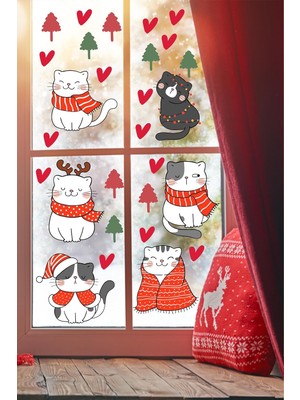 Asitan Yılbaşı Sevimli Kedileri Yeni Yıl Kedileri Cam Kapı Duvar Sticker Seti, Yılbaşı Süsü