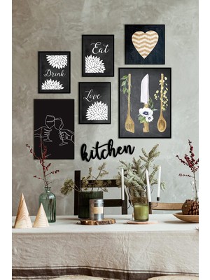 Asitan Çerçevesiz Cafe Mutfak Dekoratif Ahşap 7'li Mdf Kitchen Yazılı Tablo Seti ÖZC--MDF7C