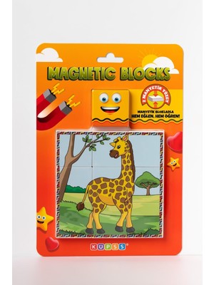 Asitan Küpss Manyetik Blok Çift Taraflı 9 Parçalı Mıknatıslı Puzzle 2 Görsel Zürafa-Fil Yapboz