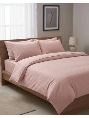 Asitan %100 Pamuklu Çizgili Saten King Size 220X240CM Nevresim Takımı, Pudra