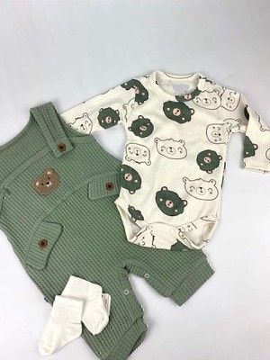 Asitan Myzi Store Bebek Erkek 3'lü Tulum Takımı Salopet ve Çorap Seti Ayıcık Desenli Badi Ayı Nakı