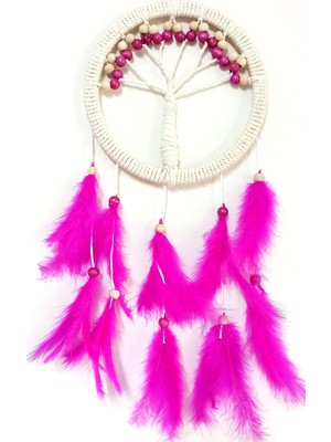 Asitan Fuşya Kuş Tüylü Hayat Ağacı Dream Catcher Duvar Süsü