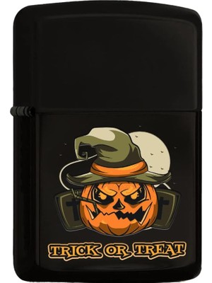 Asitan Halloween Trick Or Treat Tasarımlı Renkli Baskılı Siyah Benzinli Metal Çakmak