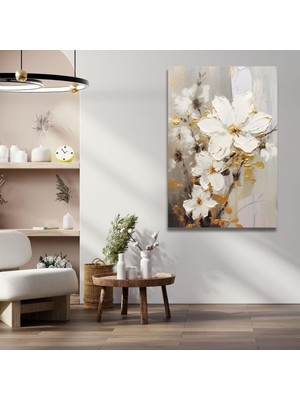 Asitan Tekli Dikey Kanvas Salon Tablosu Yağlı Boya Görünümlü Beyaz Çiçek, 60 x 90