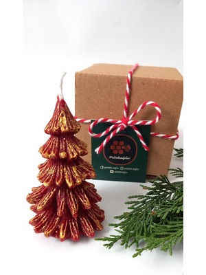 Asitan Petekoğlu Doğal Petek Balmumu Mum Kırmızı Altın Simli Çam Ağacı Boy 8.5 cm Bal Mumu Beeswax