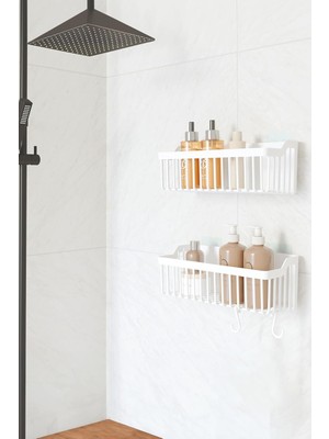 Asitan Banyor Yapışkanlı Banyo Rafı, 2'li Banyo Düzenleyici Organizer Duş Şampuanlık, Plastik Beyaz