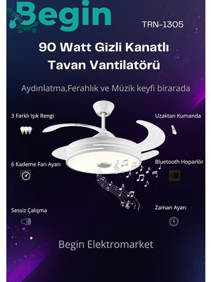 Asitan Begin Gizli Kanatlı LED Işıklı Tavan Vantilatörü, Beyaz, Bluetooth Hoparlörlü, Uzaktan Kuman