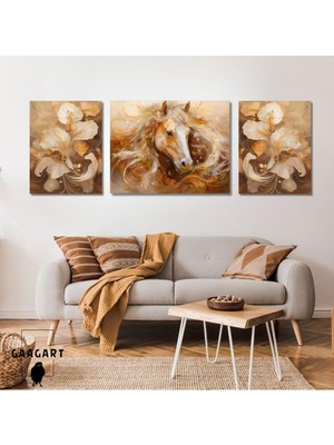 Asitan 3lü Kanvas Şık Salon Duvar Tablosu Modern Soyut Turuncu At, 40 x 60