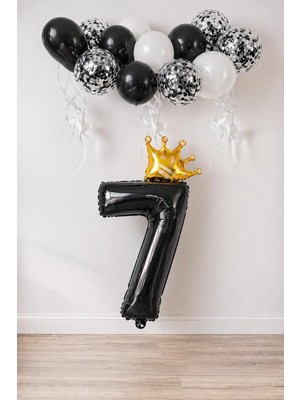 Asitan Siyah Folyo Balon, Kral Tacı ve Konfetili Siyah Balon Set (7)