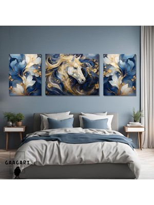 Asitan 3lü Kanvas Şık Salon Duvar Tablosu Modern Soyut Mavi Gold At, 30 x 40