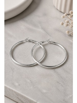Lykos Gümüş Renk 56 mm Çelik Düz Klasik Halka Küpe - Minimalist Klipsli Halka Küpe