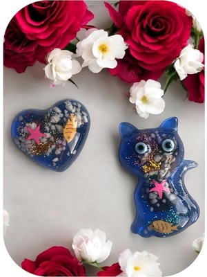 Asitan Deniz Temalı Magnet Set, Mavi Kedi ve Kalp Şeklinde, Balık ve Deniz Yıldızı Desenli, 2 Parça