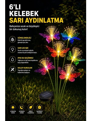 Asitan Kelebek Motifli Solar Bahçe Aydınlatma 6'li Sarı Işık 1 Adet | Kelebek Motifi, Solar