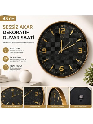 Asitan Kare Duvar Saati Wall Clock 43 cm KC01 | Sessiz Akar Mekanizma, Quartz, Pil ile Çalışır