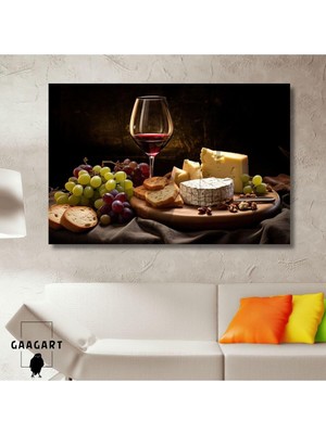 Asitan Yatay Kanvas Cafe Bar Duvar Tablosu Şarap Kadehi ve Peynir 60 x 40