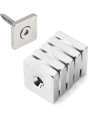 Asitan Dünya Magnet 5 Adet, Havşa Delikli, Neodyum Mıknatıs, 20X20X5 Mm, D:10/5 Mm, Köşeli, Güçlü