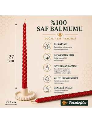 Asitan Petekoğlu Kırmızı 2 Adet 27.5 cm Konik Burgulu Balmumu Mum Şamdan Mumu Doğal Petek Balmumu Mum