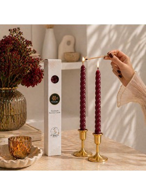 Asitan Petekoğlu Bordo 2 Adet Konik Burgulu Balmumu Mum Şamdan Mumu Doğal Petek Balmumu Mum (Beeswax Can