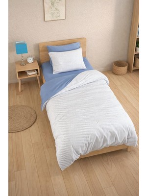 Asitan Pamuklu Çizgili Tek Kişilik Nevresim Takımı 160X220 – 1 Yastık Kılıfı (Mavi)