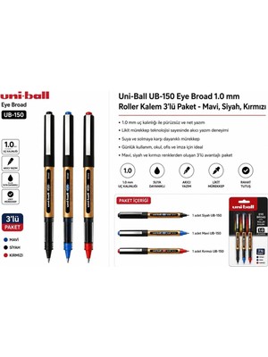 Asitan Mavi Siyah Kırmızı Pilot Kalem 3 Adet Uniball Eye Broad 1.0 mm Roller Pilot Kalem UB-150-10 Rolle