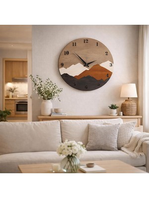 Asitan Modern Rustik Dağ Motifli Ahşap Duvar Saati 50 cm