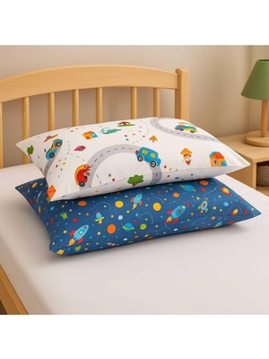 Asitan Bebek ÖZEL%100 Pamuklu Çocuk Yastık Kılıfı 50X70 Cm, 2 Adet, Trafik-Mavi Galaksi Desenli