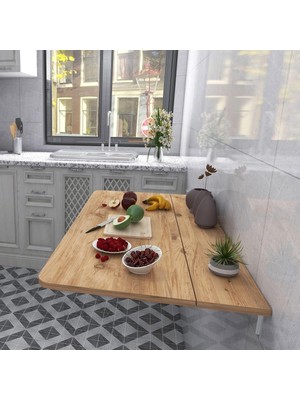 Asitan Kydonia Home 45X72 cm Oval Köşeli Sabit Raflı Duvara Monte Kırma Katlanır Mutfak Masası (Çam