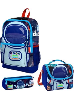 Asitan Coral High Astronot Desenli 3'lü Çanta Seti, Mavi, 38X27X14 cm