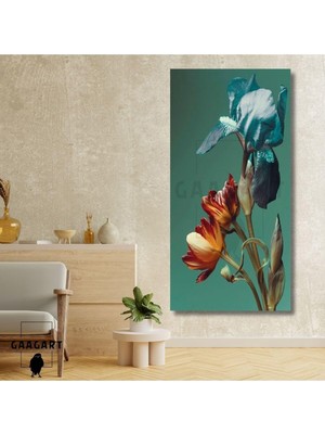 Asitan Panaromik Dikey Kanvas Tablo Mavi Kırmızı Yakın Çekim Çiçekler, 70 x 140