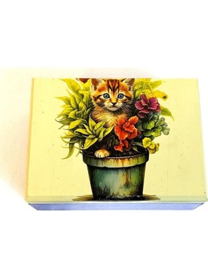 Asitan Hülya 6683 2378 El Yapımı Nostaljik Retro Kedi Baskılı Kare Ahşap Dekoratif Saklama/takı Kutu