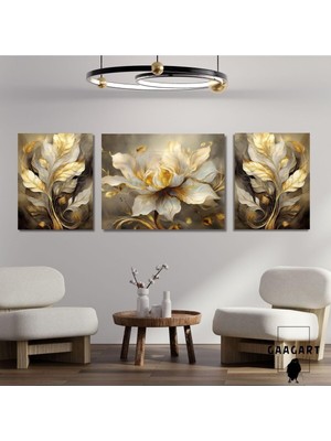 Asitan 3lü Kanvas Şık Salon Duvar Tablosu Gold Sarı Beyaz Çiçek Dizayn, 50 x 70