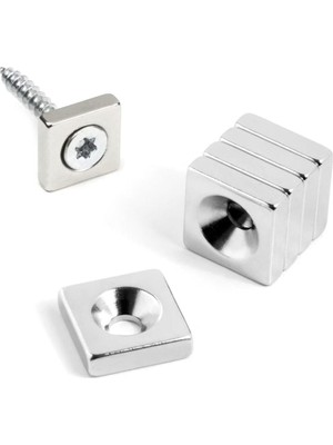 Asitan Dünya Magnet 5 Adet, Havşa Delikli, Neodyum Mıknatıs, 15X15X5 Mm, D:8/4 Mm, Köşeli, Güçlü M