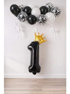 Asitan Siyah Folyo Balon, Kral Tacı ve Konfetili Siyah Balon Set (1)