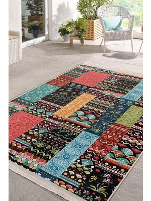 Asitan Rengarenk Zeminde Patchwork Motifli Kilim Desenli Vintage Yatak Odası Koridor & Antre Saçaklı Hal