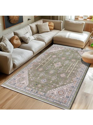Asitan Gülsev HOME(1640) Vintage, Etnik Desenli Sanatsal Cross Dokuma Salon ve Oturma Odası Halısı Yeş