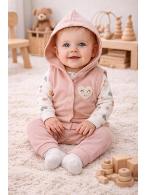 Asitan Myzi Store Kız Bebek 3'lü TAKIM%100 Pamuk Rahat Kalıp Kalp Nakışlı Bebek Kıyafet Seti Pembe