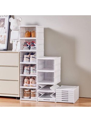 Asitan 6 Katlı Kapaklı Katlanabilir Plastik Şeffaf Ayakkabı Dolabı, 105CM Yükseklik, Beyaz, Modüler