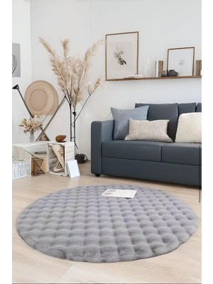 Asitan Bubble Yuvarlak Gri Uzun Tüylü Yumuşak Peluş Kaymaz Yıkanabilir Salon Oturma Odası Balkon Hal�