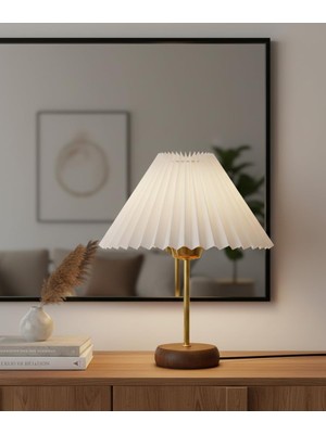 Asitan Decodelight Bambu Tabanlı Modern Gold Metal Ayaklı 22'lik Pileli Beyaz Kumaş Şapkalı Mini Abaju