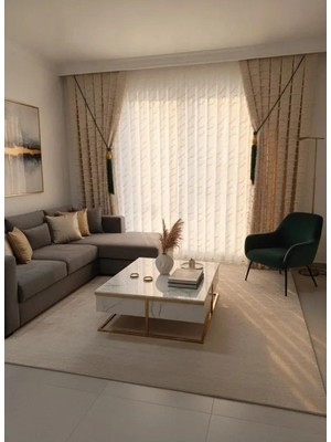 Asitan Ahu 1-0037 Tam Desenli 1/3 Pileli Tül Perde, Ekru, 500 x 270