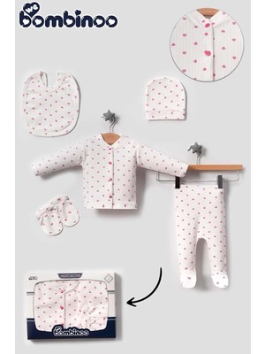 Asitan Myzi Store Hastane Çıkışı Yeni Doğan Organik 5 Parça Zıbın Seti Ekru Kumaşa Pembe Kalpli