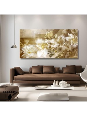 Asitan Panoramik Kanvas Duvar Tablosu Beyaz Sarı Soyut Çiçekler, 100 x 50