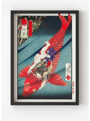 Asitan Siyah Ahşap Çerçeveli Japanese Koi Warrior Poster Japon Balık ve Savaşçı Temalı Duvar Tablos
