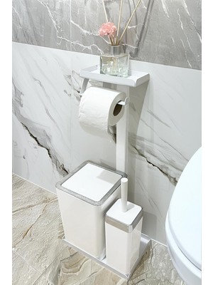 Asitan 3'ü 1 Arada Banyo Seti Tuvalet Kağıtlık, Çöp Kovası ve Tuvalet Fırça Takımı (Krom Beyaz)