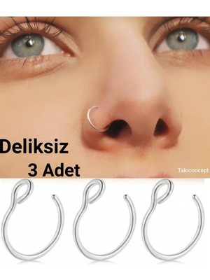 Asitan Takıconcept Deliksiz Çelik Sıkıştırmalı Halka Hızma, 3 Adet Set, Gümüş, Unisex Kulak Buru
