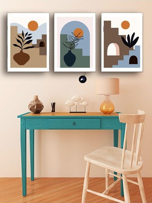 Asitan (PSTER149) Yaz Güneşinde Saksı Üçlü Kanvas Tablo Seti, Premium 3'lü Canvas, 3 Parçalı Duvar